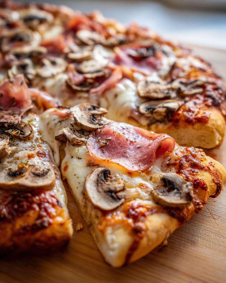 Porción de pizza casera con champiñones y jamón preparada al horno