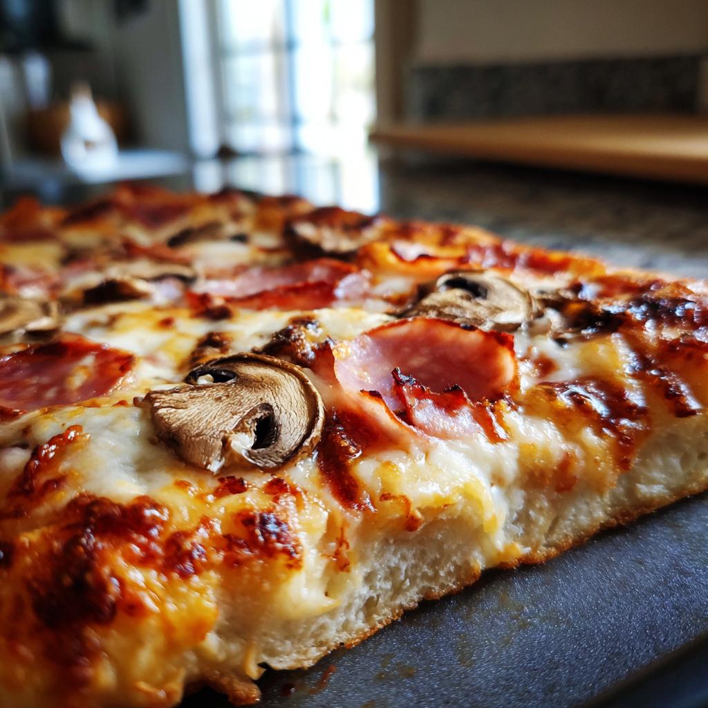 Rebanada de pizza casera con champiñones, jamón y queso fundido, receta de horno para toda la familia.