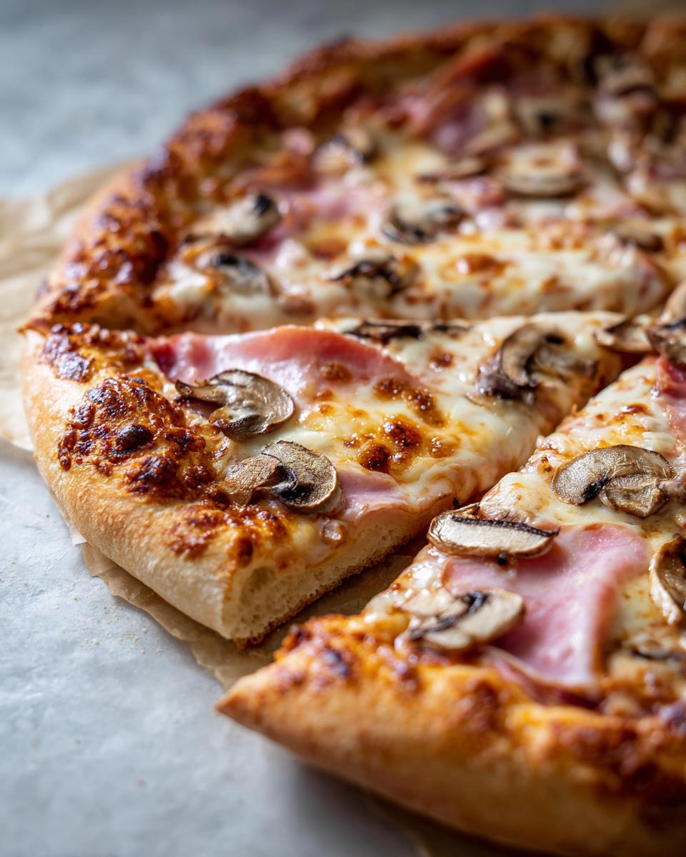 Pizza casera con champiñones y jamón recién horneada y con queso derretido