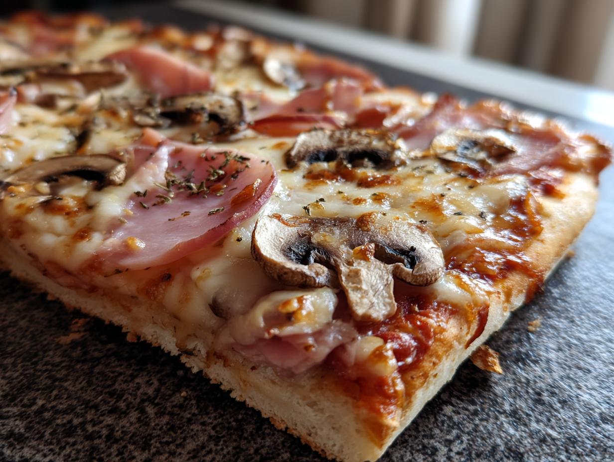 Rebanada de pizza casera con jamón, champiñones y queso fundido sobre mesa oscura recetas de horno para toda la familia