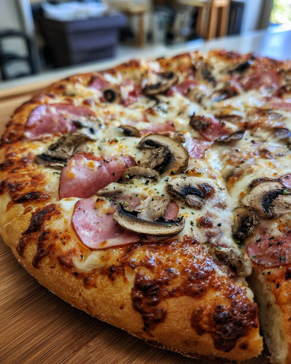 Pizza al horno con champiñones, jamón y queso derretido sobre masa dorada