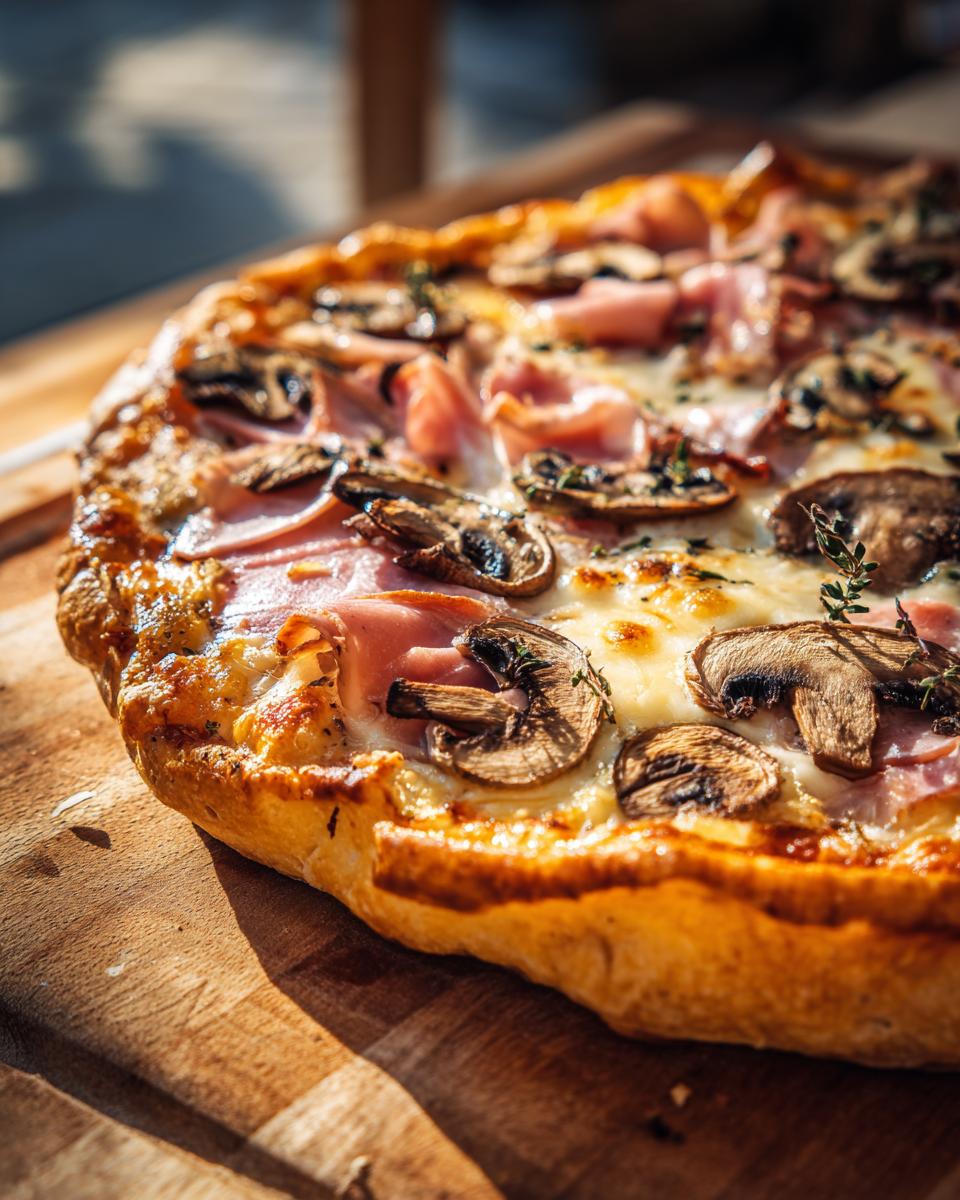 Pizza con jamón, champiñones y queso derretido sobre una tabla de madera, recetas de horno para toda la familia