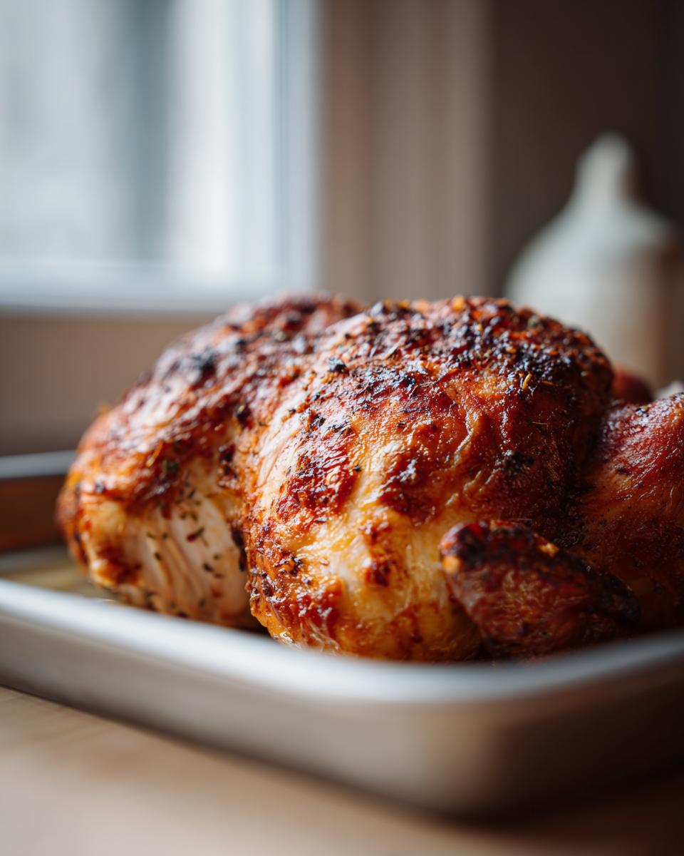 Pollo al horno dorado y sazonado con especias sobre una bandeja metálica