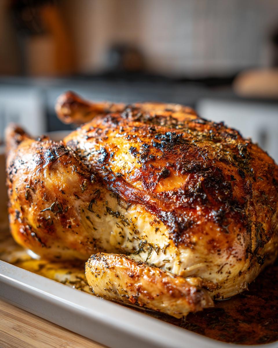Pollo al horno dorado y jugoso con piel crujiente y especias sobre bandeja