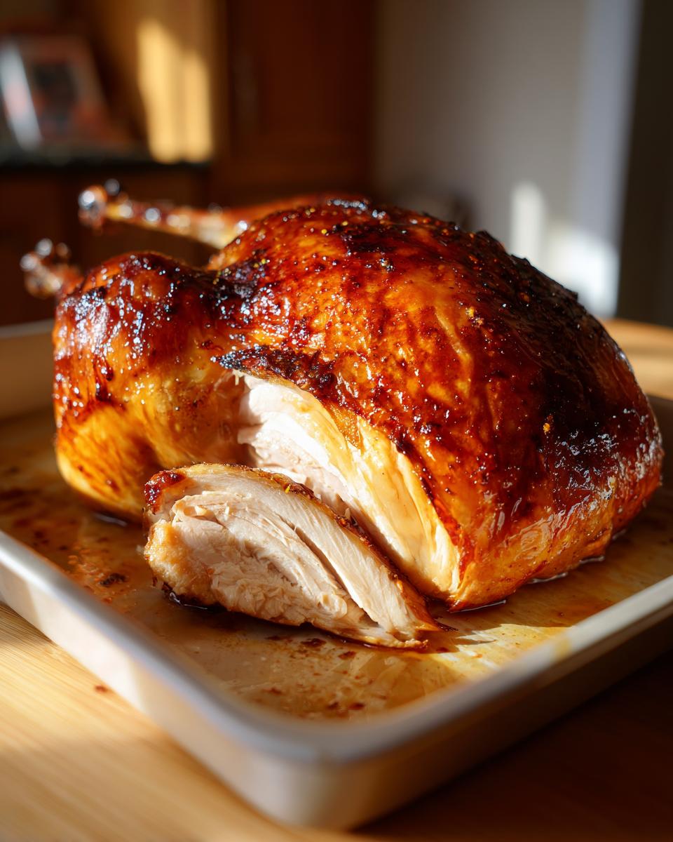Pollo al horno dorado con una pieza cortada mostrando carne jugosa y piel crujiente.