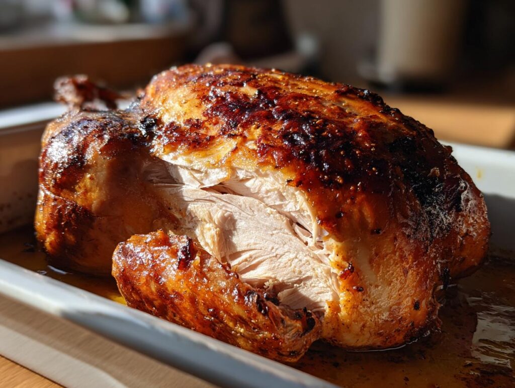 Pollo al horno con piel dorada y crujiente en bandeja de hornear con jugos