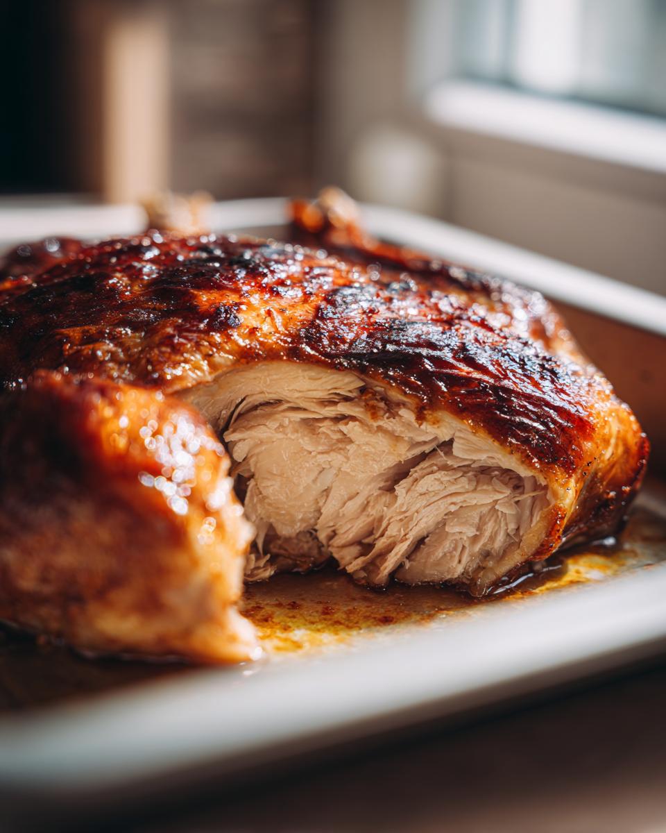 Pollo al horno con piel dorada y jugosa cortado en fuente blanca
