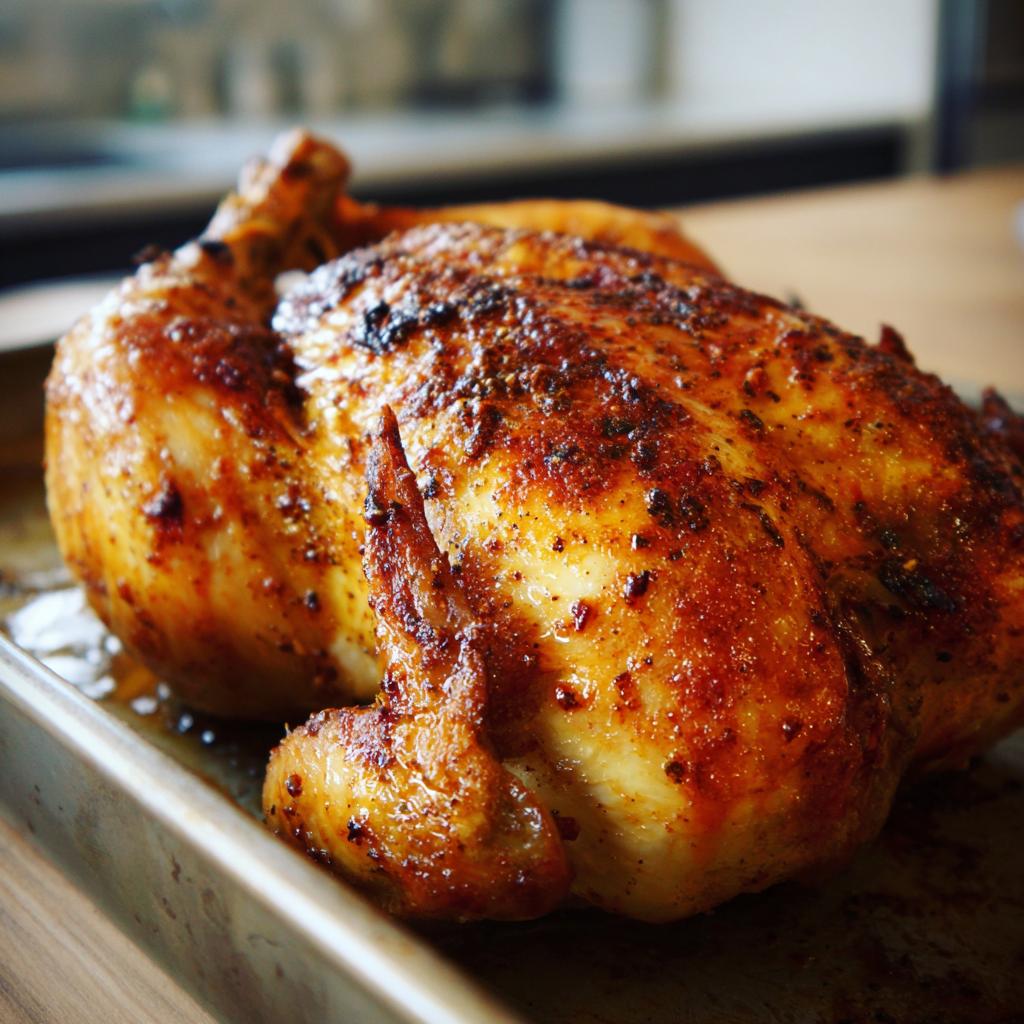 Pollo al horno fácil y jugoso con piel dorada y especiada en bandeja metálica.