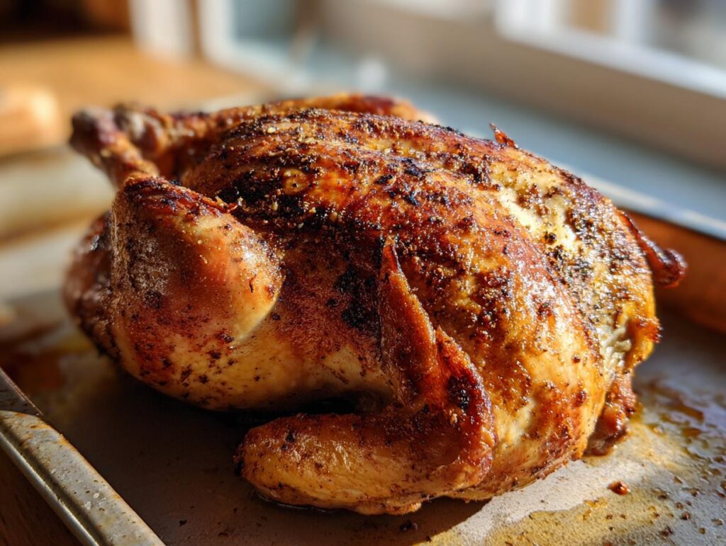 Pollo al horno fácil y jugoso con piel dorada y especias sobre bandeja metálica