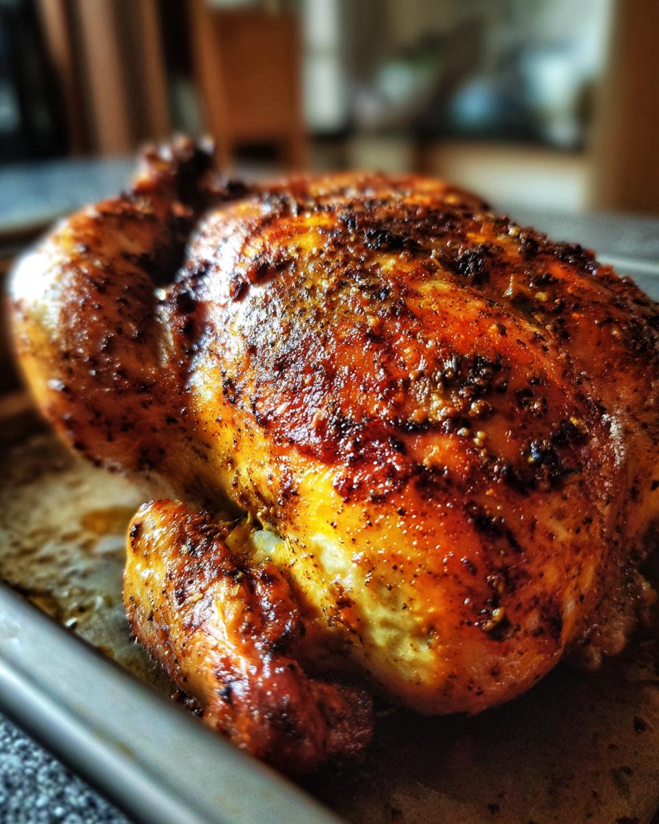 Pollo al horno fácil y jugoso con piel dorada y especias visibles sobre bandeja metálica