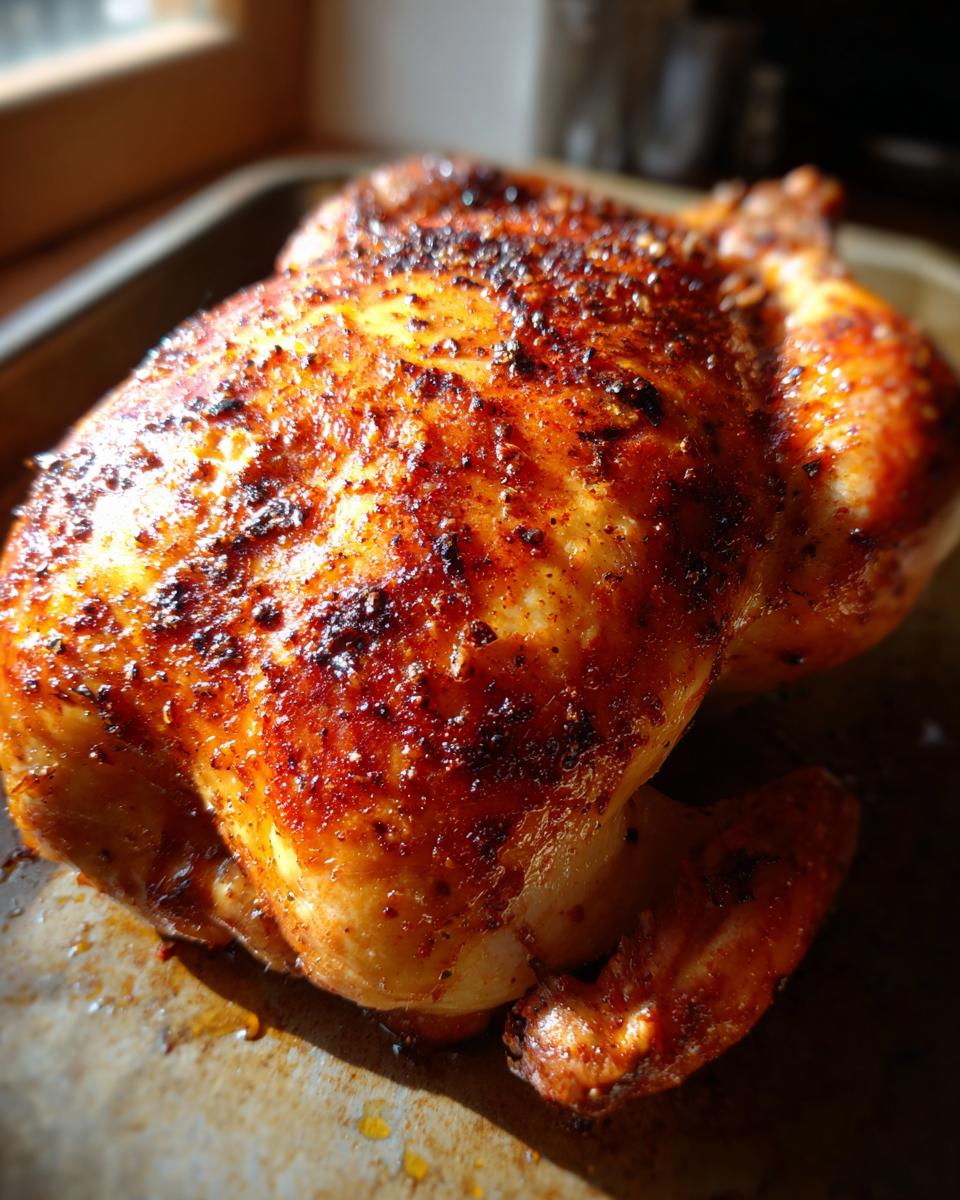 Pollo al horno fácil y jugoso con piel dorada y especias en bandeja de hornear.
