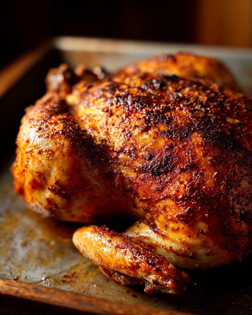Pollo al horno fácil y jugoso con piel dorada y especias en bandeja de horno