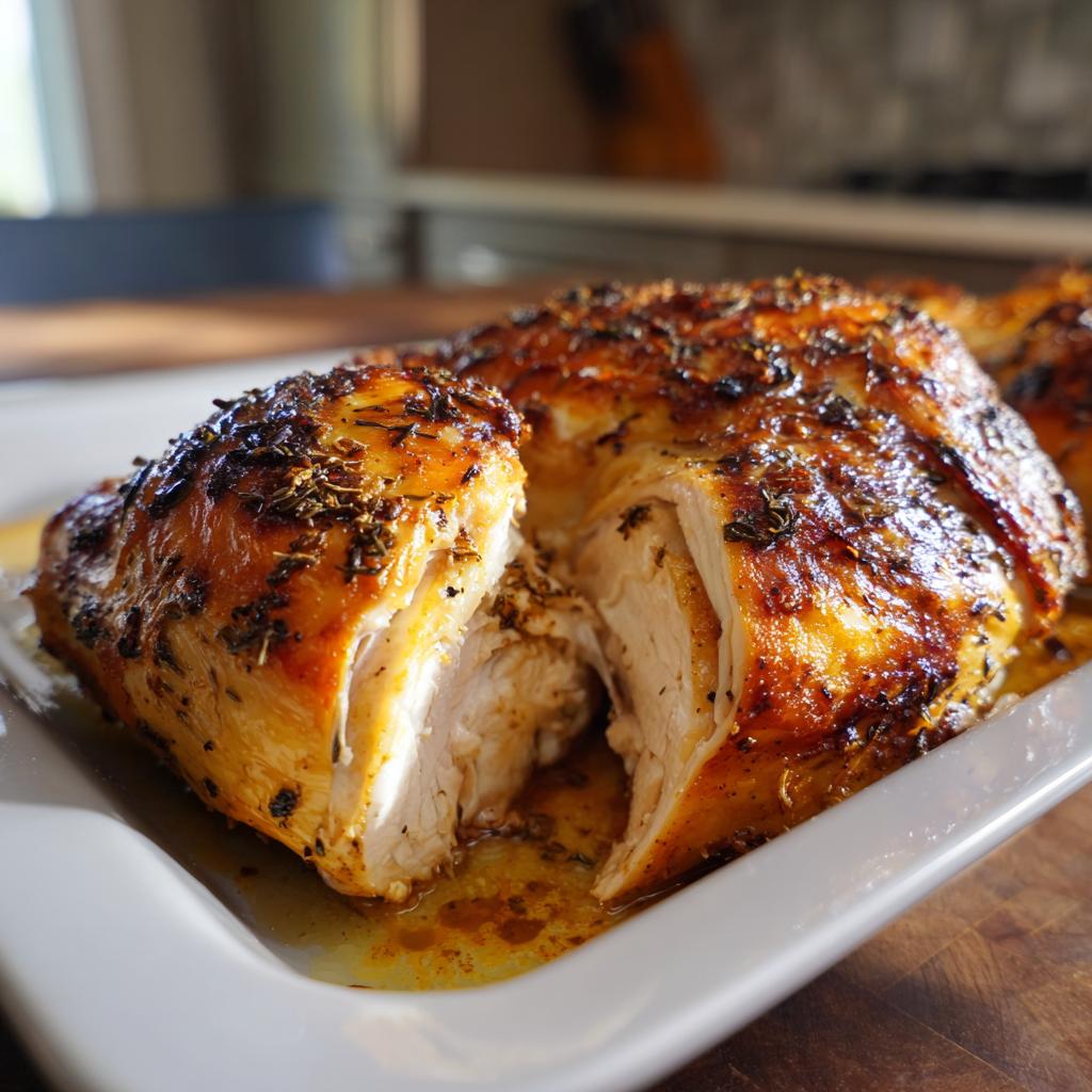 Pollo al horno jugoso con piel dorada y especias servido en plato blanco.