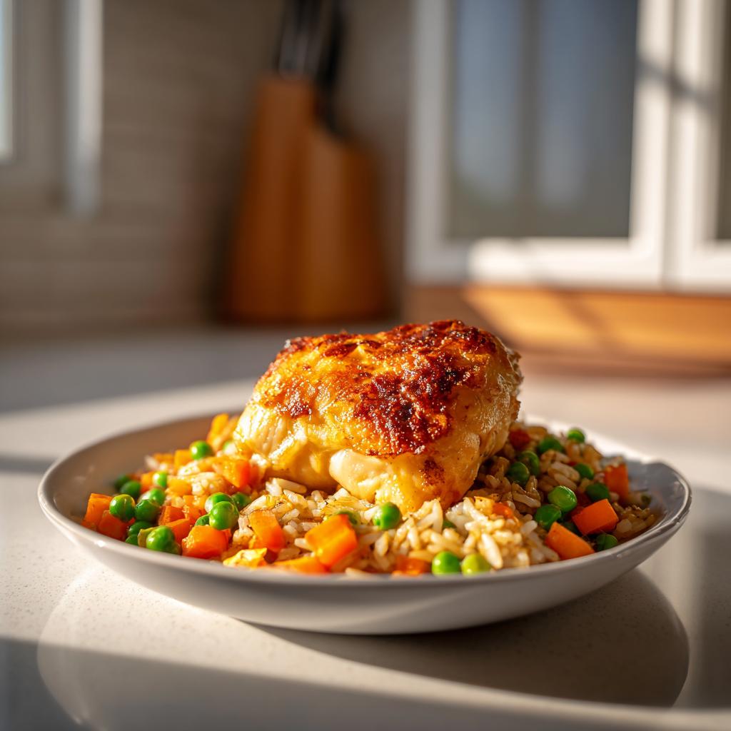 Plato con muslo de pollo dorado sobre arroz con guisantes y zanahorias, receta de batch cooking fácil