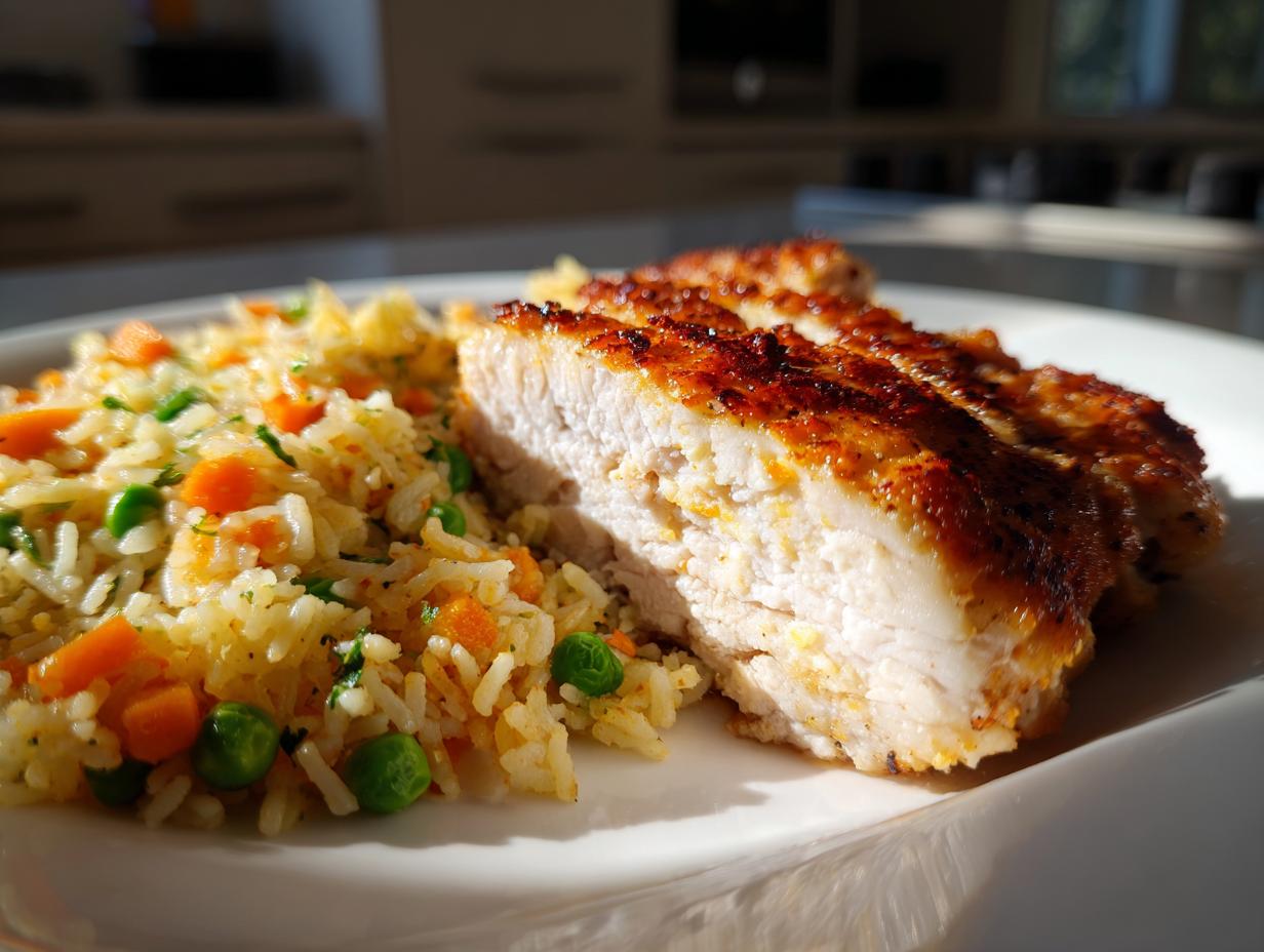 Pollo cocido con arroz y verduras en un plato blanco, receta de batch cooking fácil