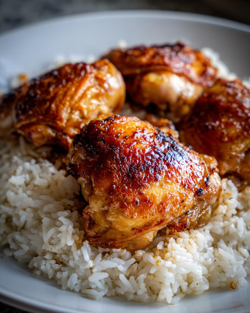 Pollo asado dorado servido sobre una cama de arroz blanco, recetas económicas para familias