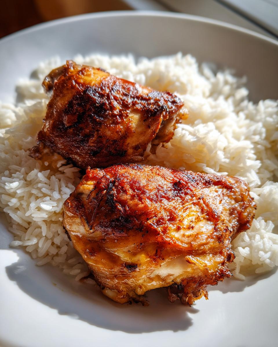 Porción de pollo asado servido sobre una cama de arroz blanco en un plato blanco.