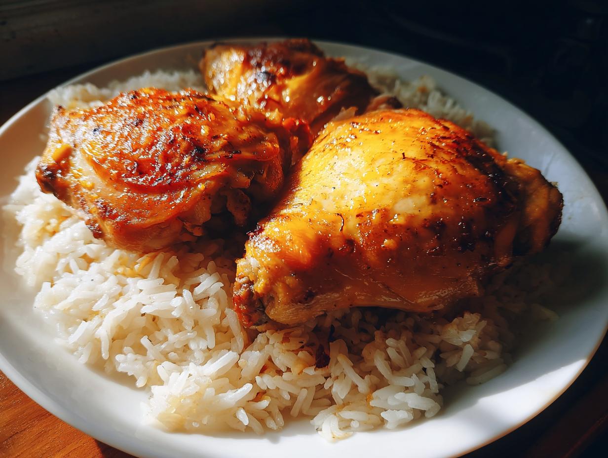 Plato con pollo asado dorado sobre una cama de arroz blanco esponjoso.