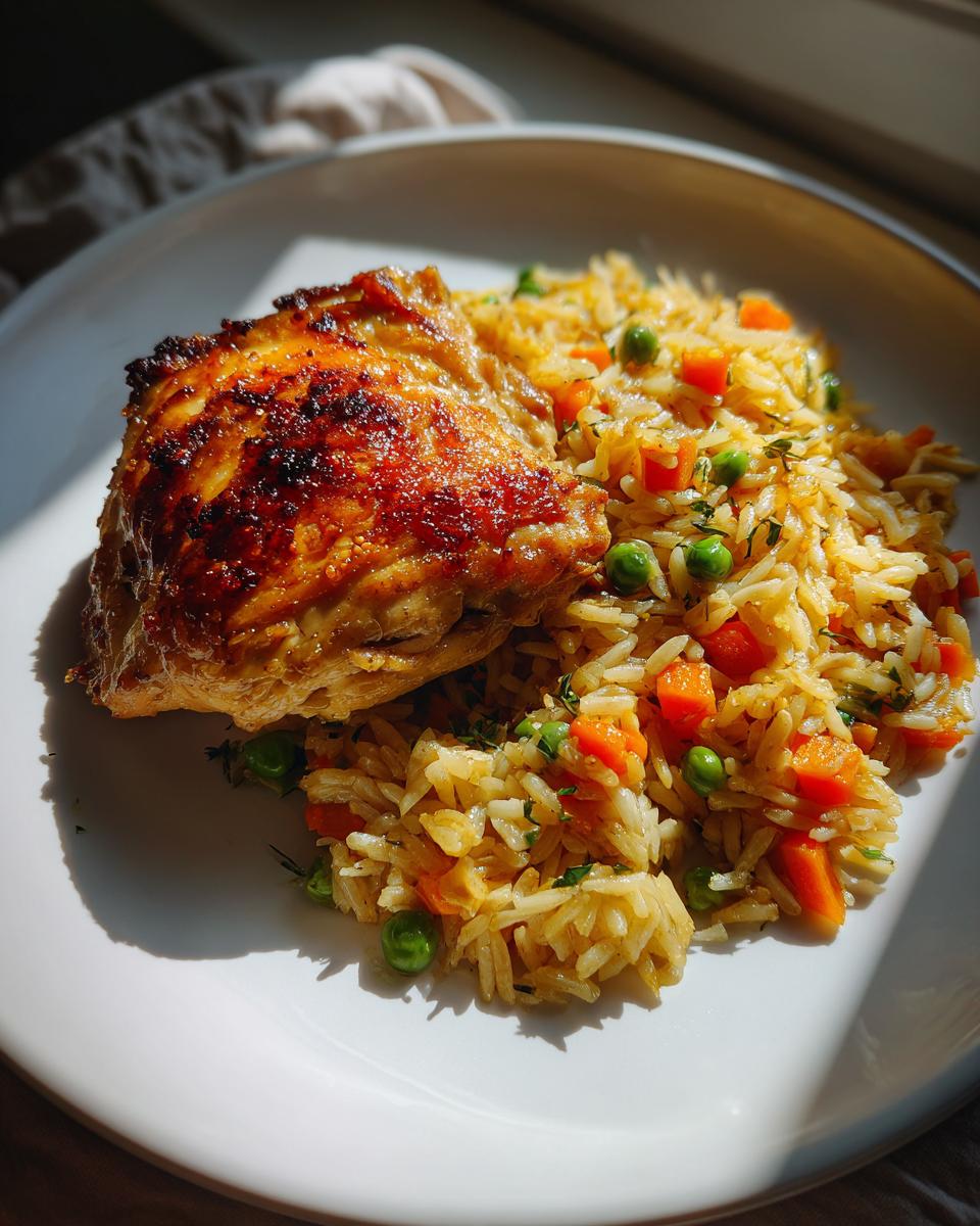 Plato con pollo asado crujiente acompañado de arroz con zanahorias y guisantes, receta de batch cooking fácil