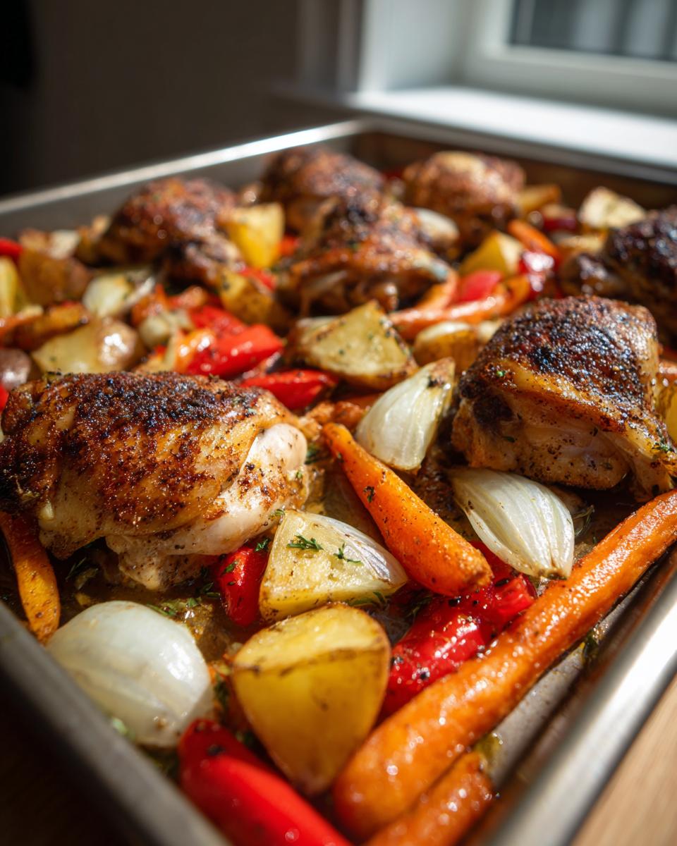 Bandeja con pollo con verduras al horno como zanahorias, cebollas y patatas doradas