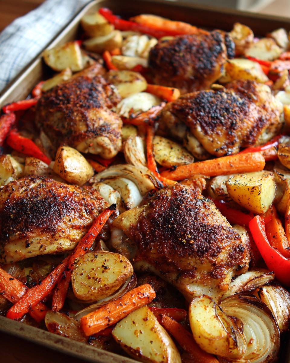 Bandeja con pollo con verduras al horno, con zanahorias, papas y cebolla doradas.