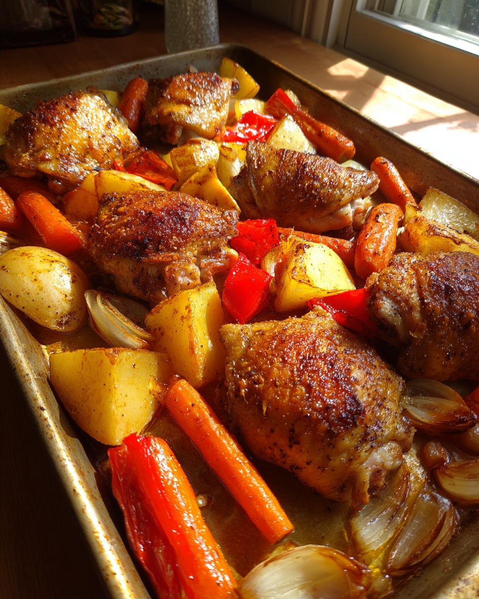 Bandeja con pollo con verduras al horno dorado acompañado de zanahorias, papas, pimientos y cebolla