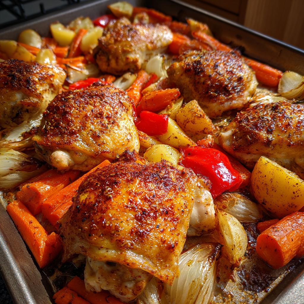 Piezas de pollo con verduras al horno doradas y crujientes en bandeja de horno
