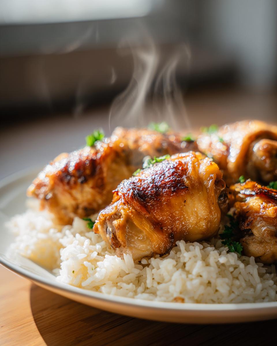 Pollo dorado servido sobre arroz blanco con vapor, receta económica para familias