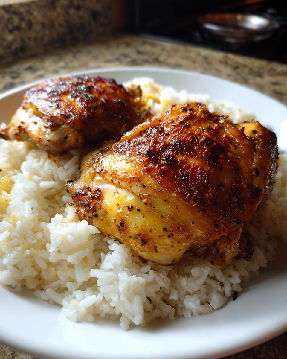 Plato con dos muslos de pollo dorado sobre una cama de arroz blanco, recetas económicas para familias.