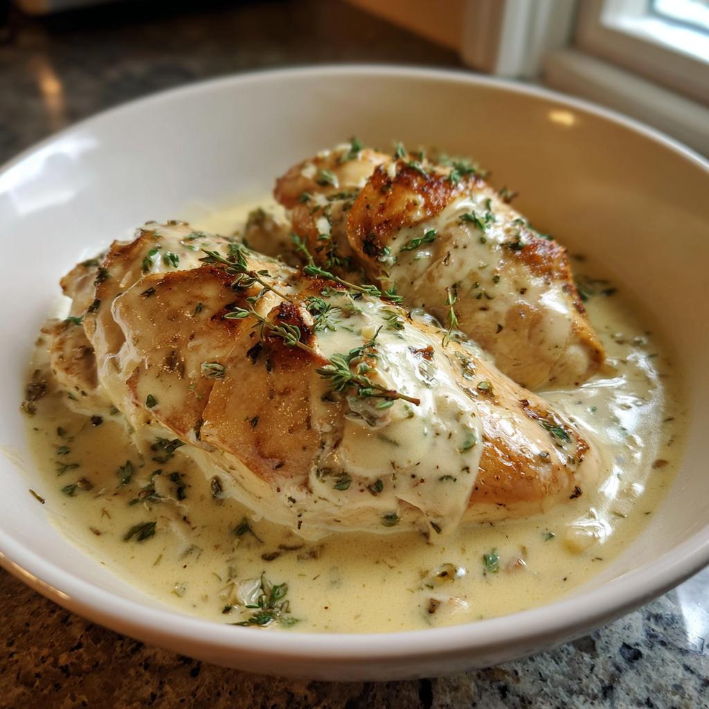 Pechugas de pollo doradas con salsa cremosa y hierbas frescas en un plato blanco.
