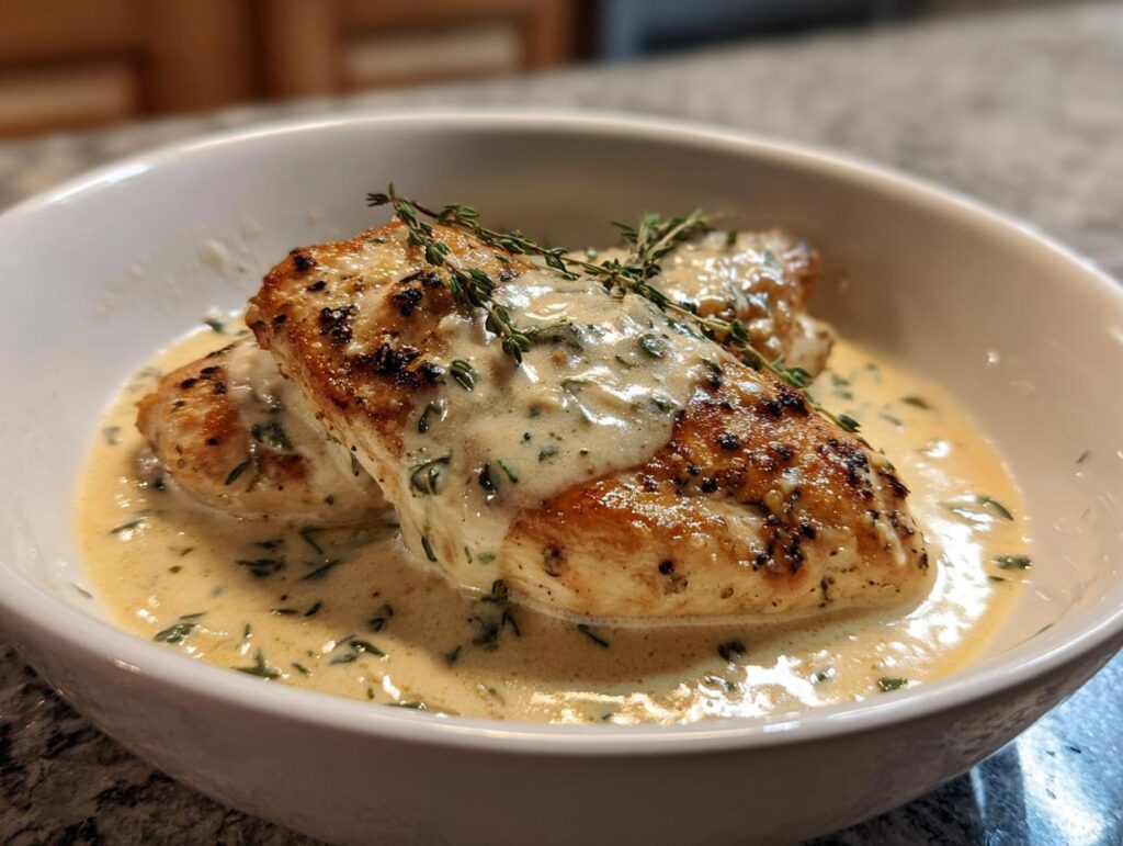 Pollo en salsa cremoso servido en plato blanco con salsa blanca y hierbas frescas