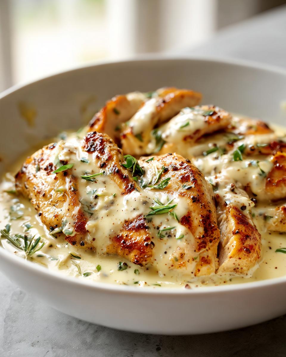 Pollo en salsa cremoso con trozos de pollo dorado y salsa blanca con hierbas