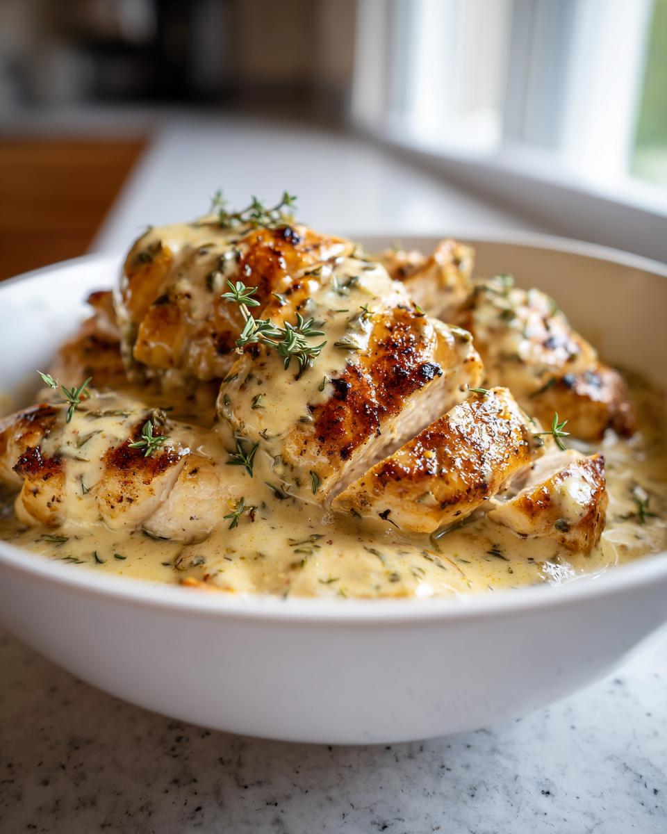 Pollo en salsa cremoso con trozos dorados y hierbas frescas en un plato blanco.
