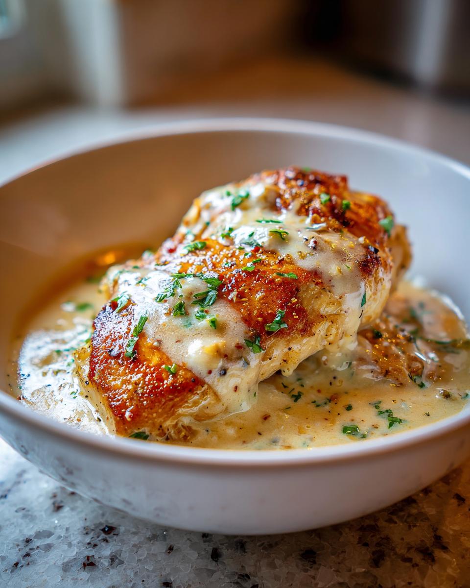 Pieza de pollo en salsa cremoso con trozos de hierbas verdes servido en un plato blanco.