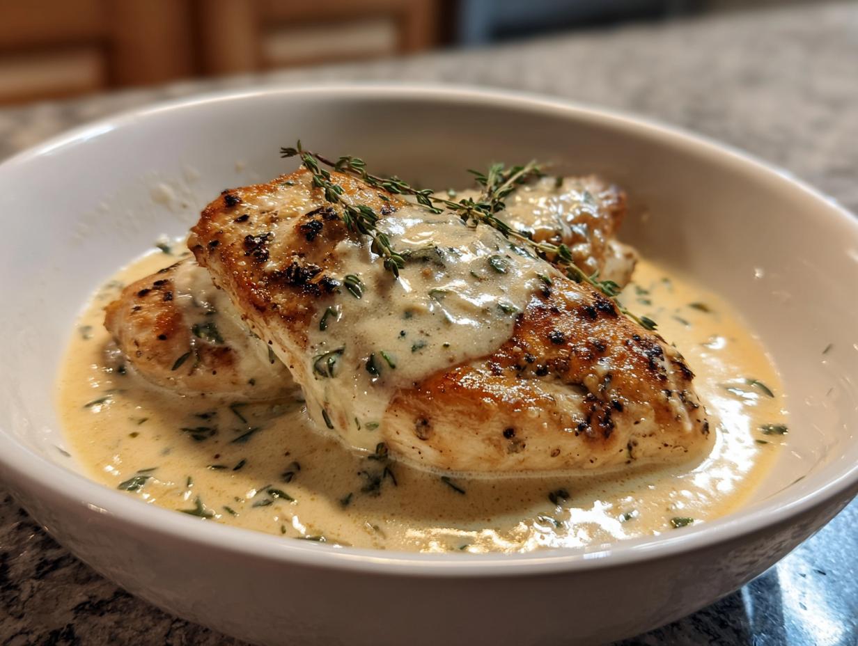 Pollo en salsa cremoso servido en plato blanco con salsa blanca y hierbas frescas