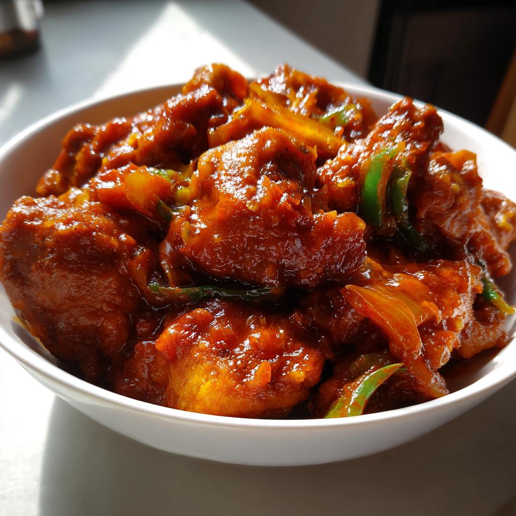 Pollo guisado casero con salsa roja y verduras en un bowl blanco.