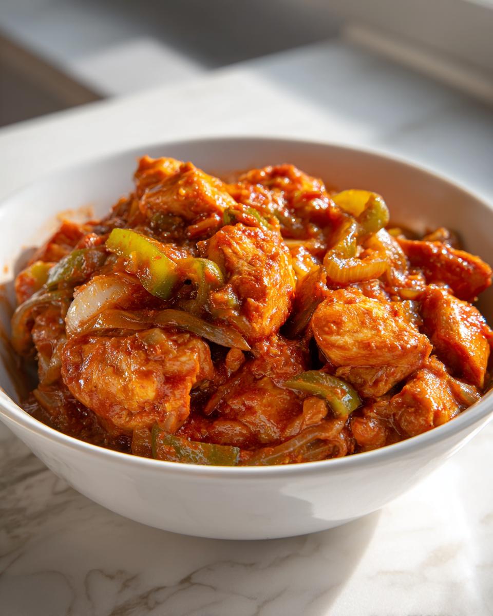 Recipiente con pollo guisado casero en salsa roja con pimientos y cebolla