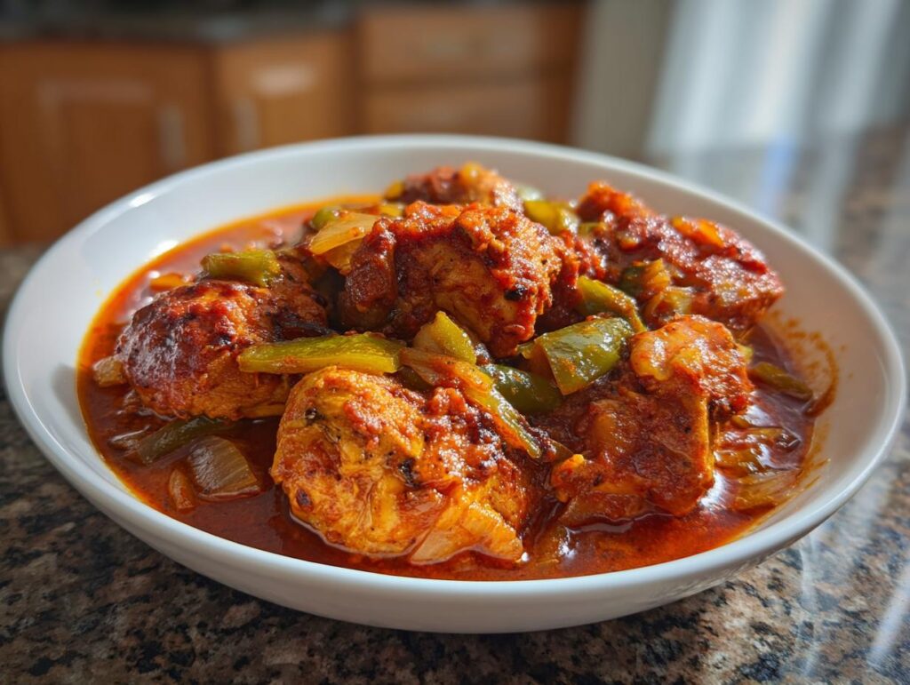 Plato con pollo guisado casero con salsa roja, pimientos y cebolla en un tazón blanco.