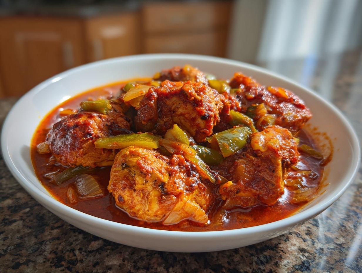 Plato con pollo guisado casero con salsa roja, pimientos y cebolla en un tazón blanco.