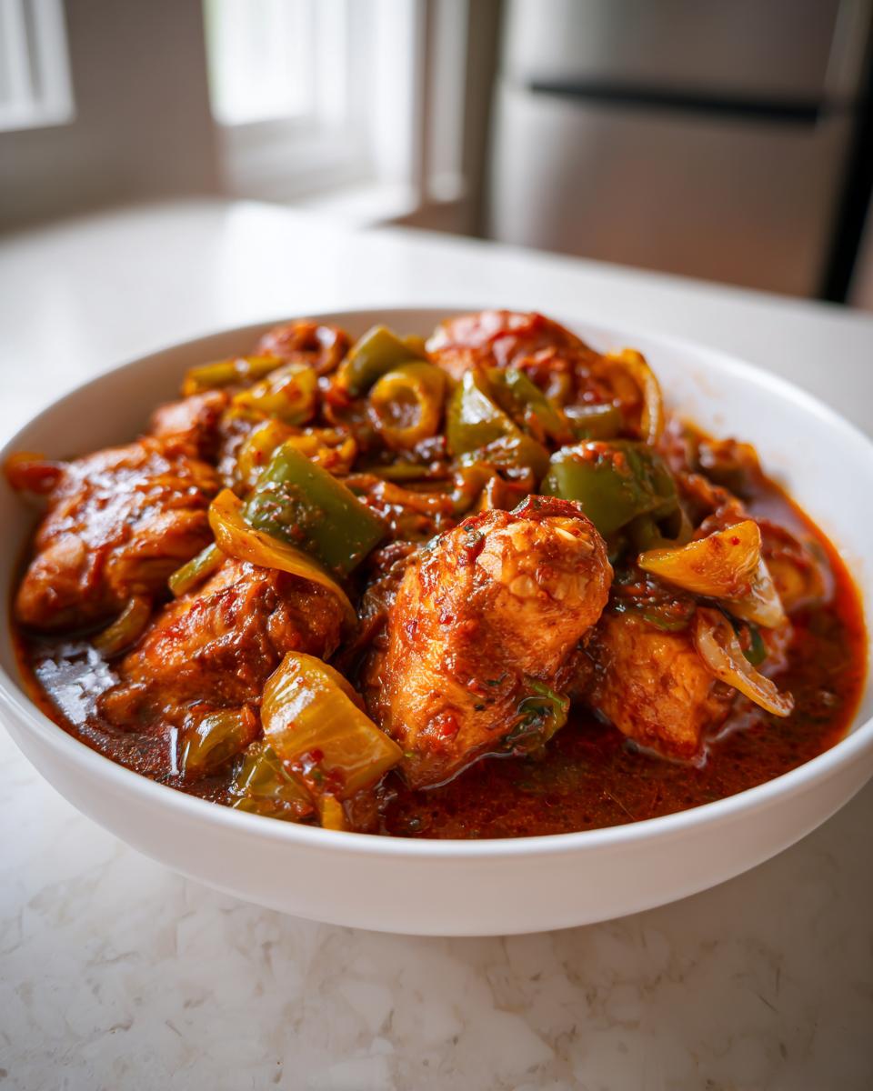 Plato de pollo guisado casero con salsa roja y trozos de pimientos verdes y cebolla
