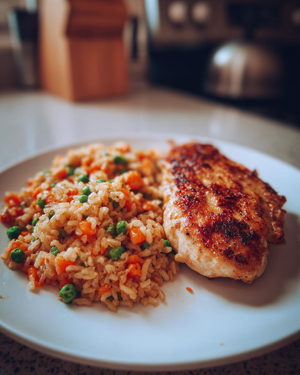 Plato con pollo a la plancha y arroz con verduras, receta de batch cooking fácil.