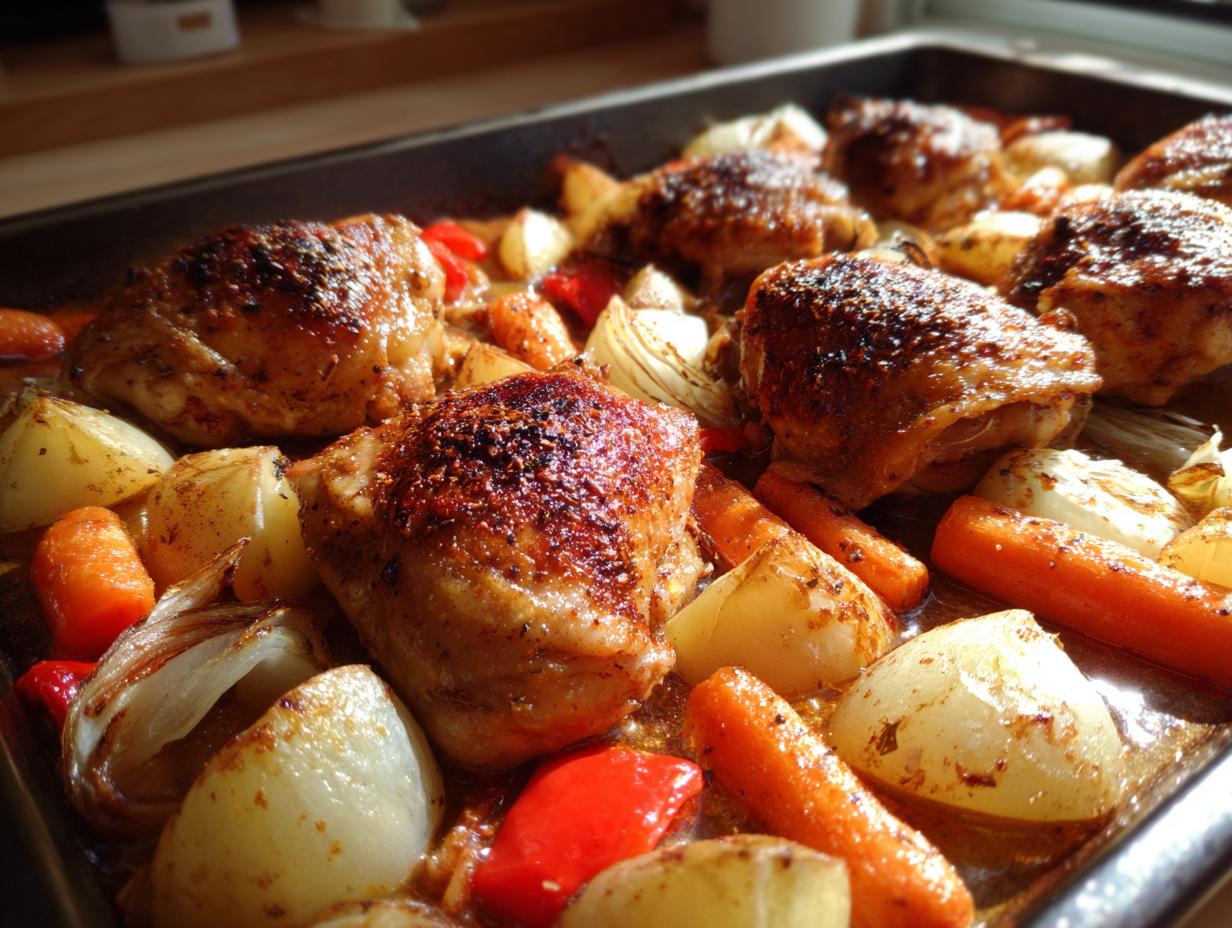 Pollo con verduras al horno con piel dorada junto a cebollas, zanahorias y pimientos cocinándose.