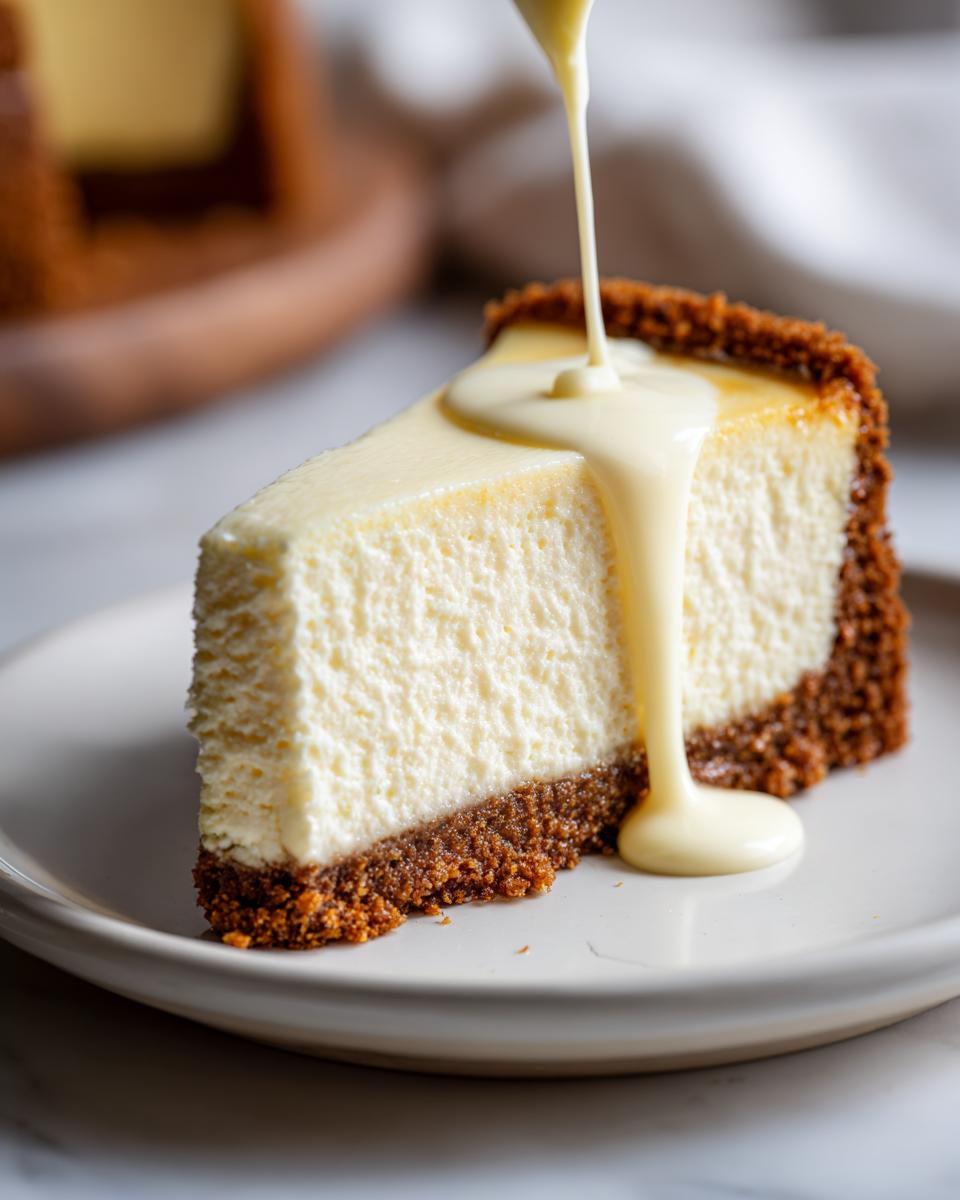 Porción de cheesecake con base de galleta, cubierta con salsa cremosa siendo vertida encima, postres para san valentín.