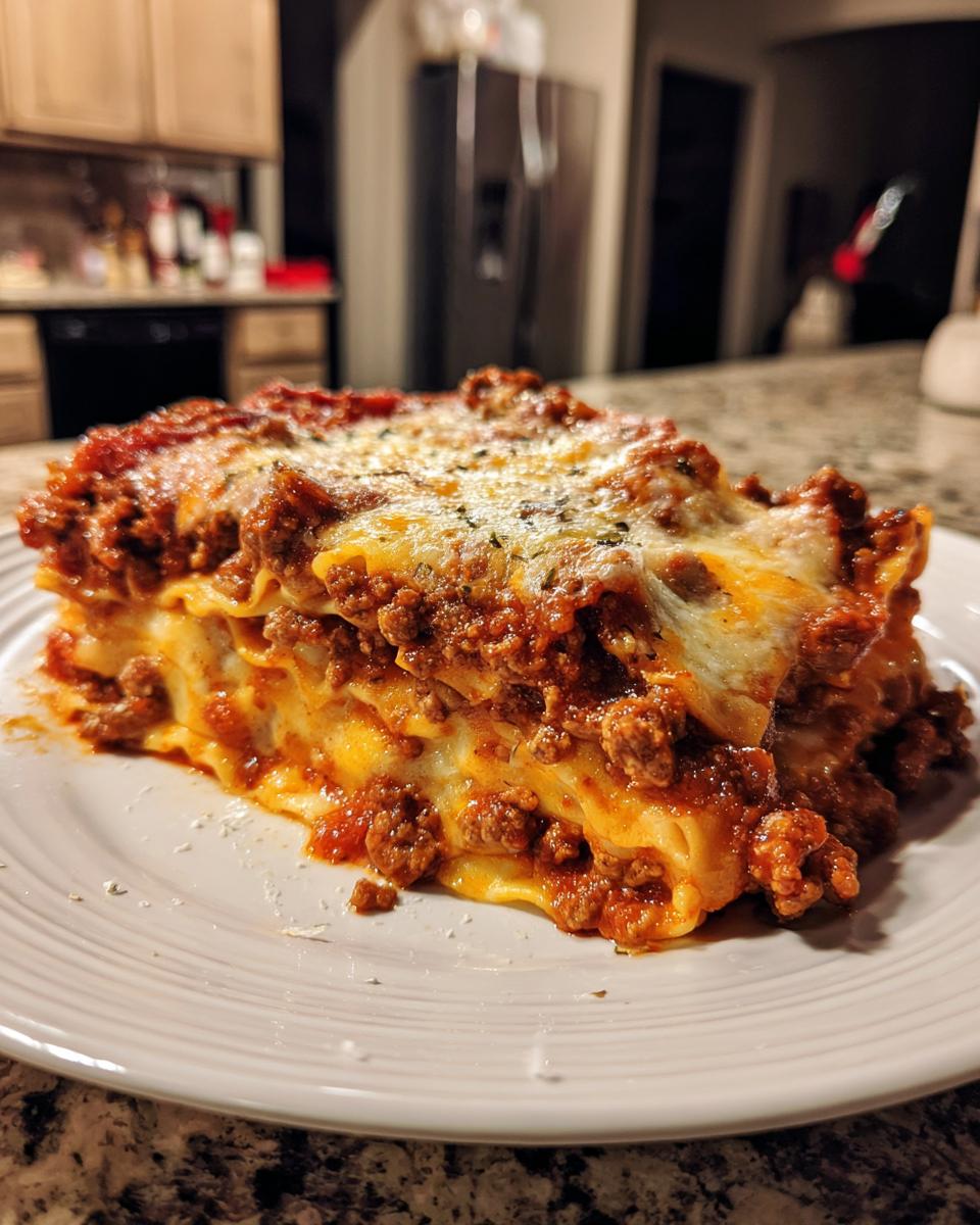 Porción de lasaña casera fácil con carne, salsa y queso gratinado en plato blanco.