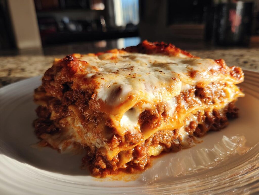 Porción de lasaña casera fácil con capas de carne, salsa y queso gratinado sobre plato blanco.