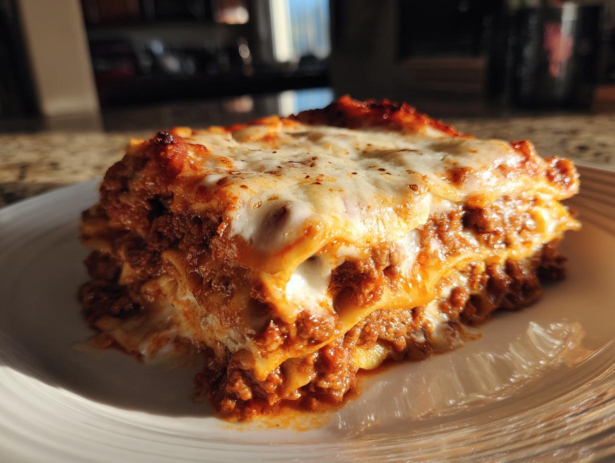 Porción de lasaña casera fácil con capas de carne, salsa y queso gratinado sobre plato blanco.