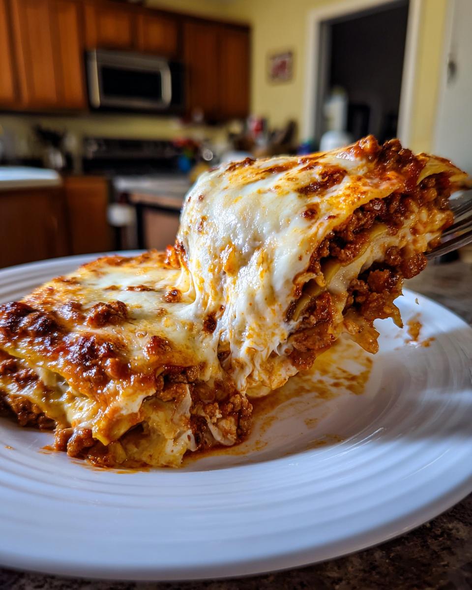 Porción de lasaña casera fácil con carne, salsa y queso derretido en plato blanco