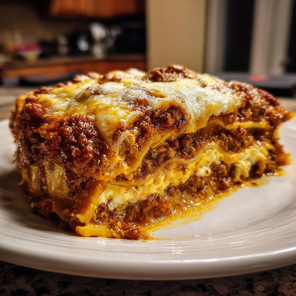 Porción de lasaña casera fácil con capas de carne, salsa y queso gratinado en un plato blanco