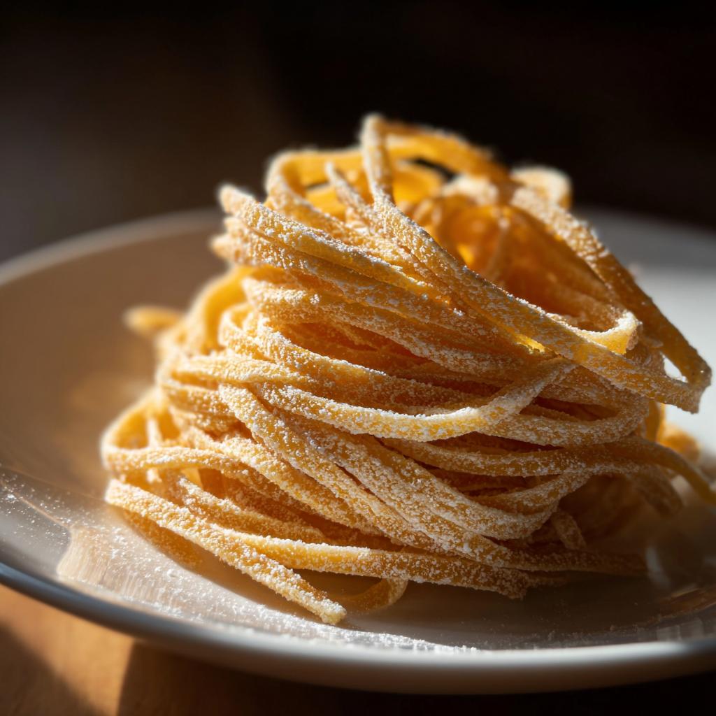 Porción de pasta casera fresca cubierta de harina en un plato blanco