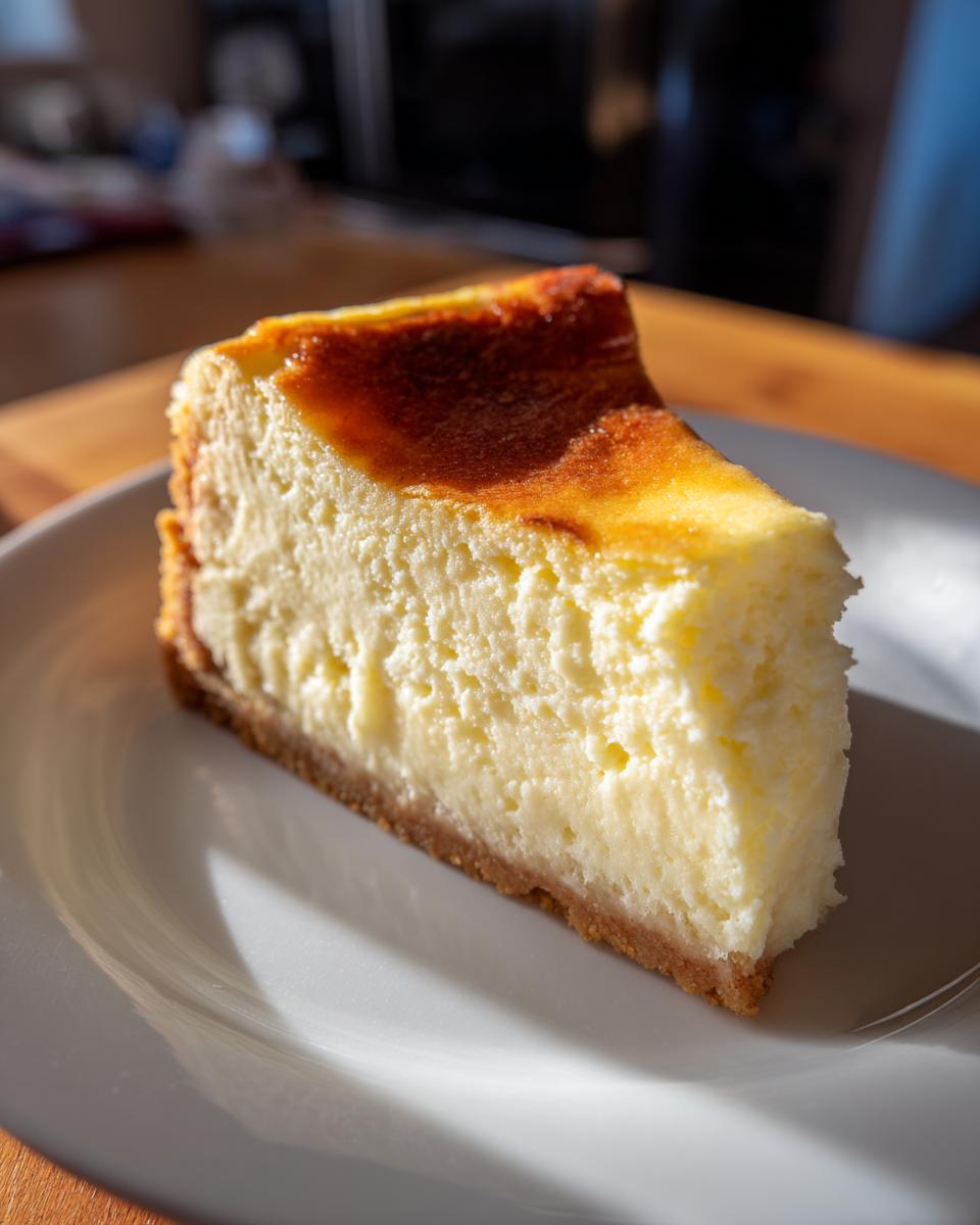 Porción de tarta de queso San Valentín con textura cremosa y base de galleta en plato blanco.